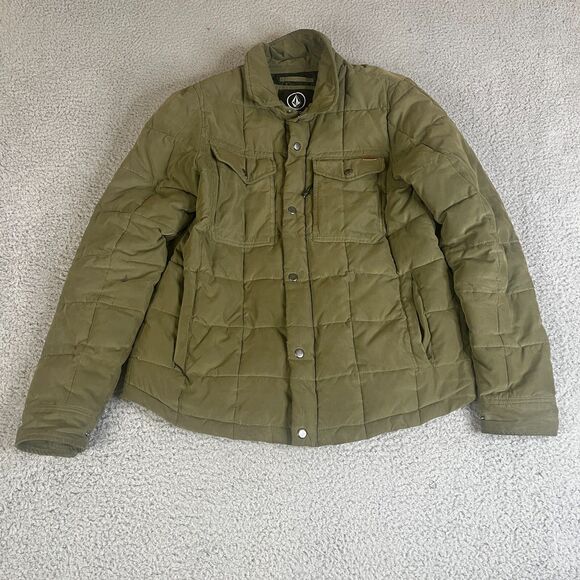 Volcom Fleming Jacket Mens Medium Army Green Quilted Full Zip Snaps Puffer Lined